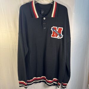 Disney Mickey Mouse Varsity Sweater Black Red Trim Pullover Men’s XL Retro Style